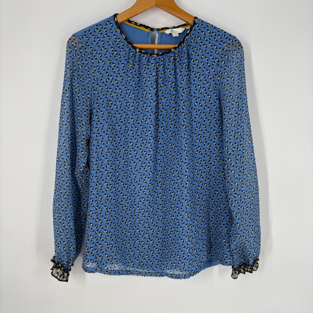 Boden Blue Floral Mixed Media Blouse Ruffle Cuff Long Sleeve Top US 8 UK 12